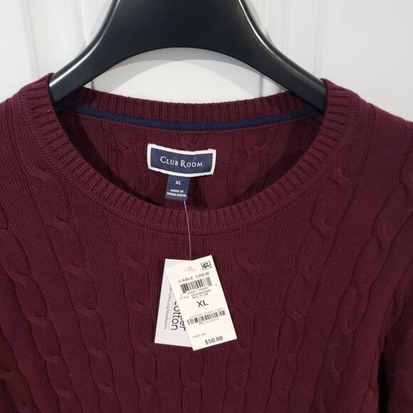 Club Room Men's Cable-Knit Crewneck Cotton Sweater Red Plum NWT - Picture 4 of 9